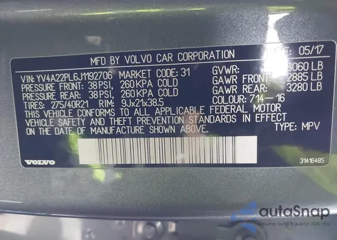 2018 Volvo Xc90 T6 Inscription из США, поврежденный, VIN YV4A22PL6J1192706